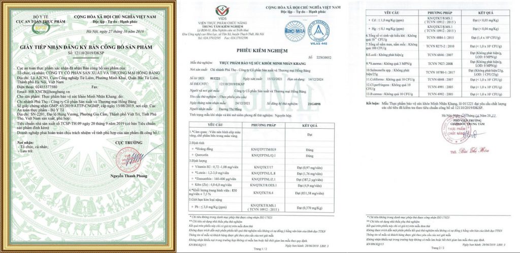 Giấy phép và giấy kiểm nghiệm của Tpbvsk Minh Nhãn Khang